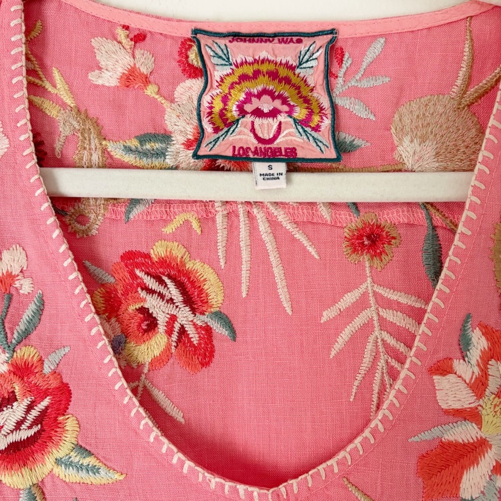 Johnny Was Pink Embroidered V-Neck Tunic Top - Picture 5 of 10